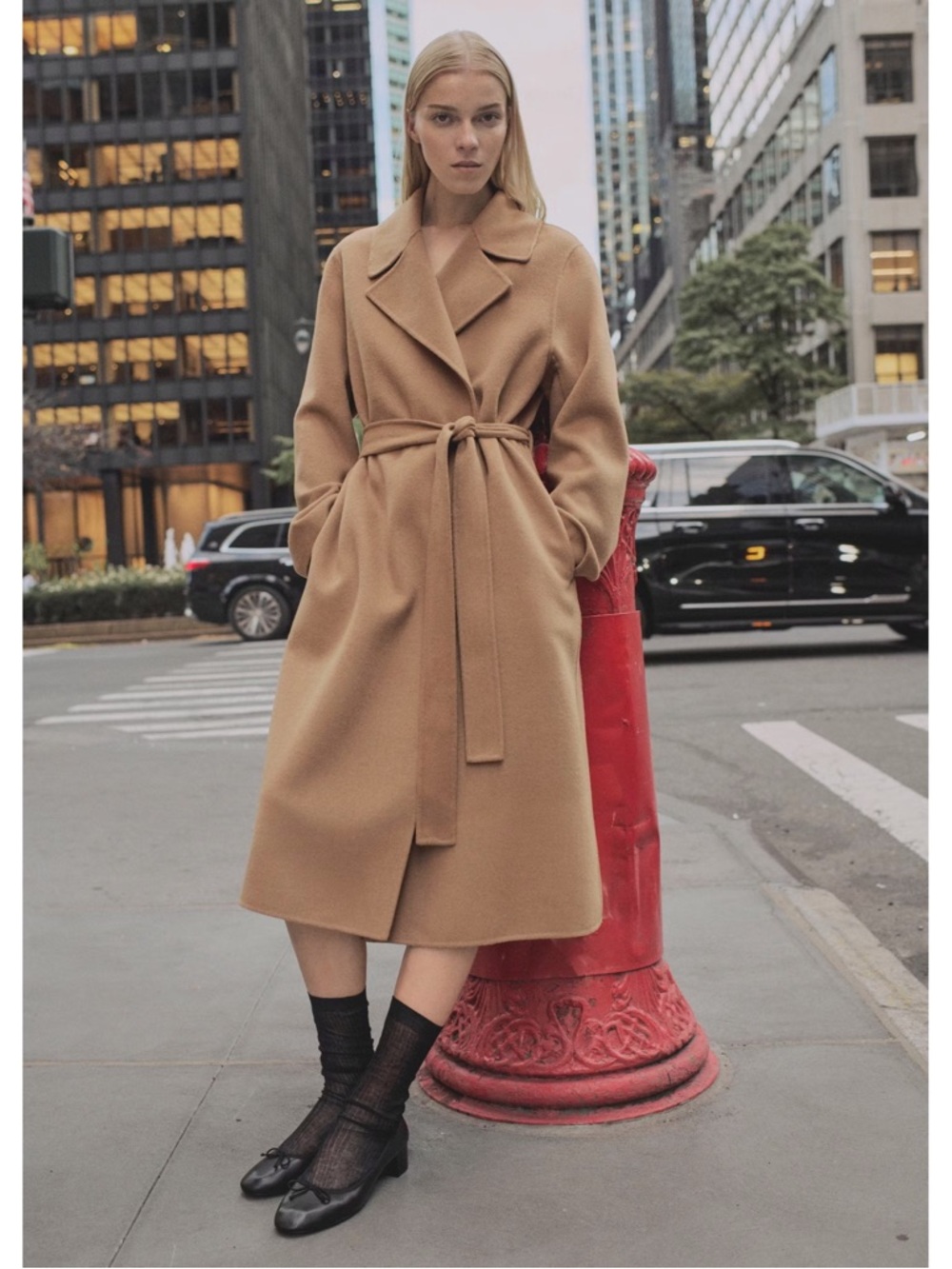 MNG Handmade Wool Coat with Belt in Medium Brown Camel Wool Long City Chic Basic